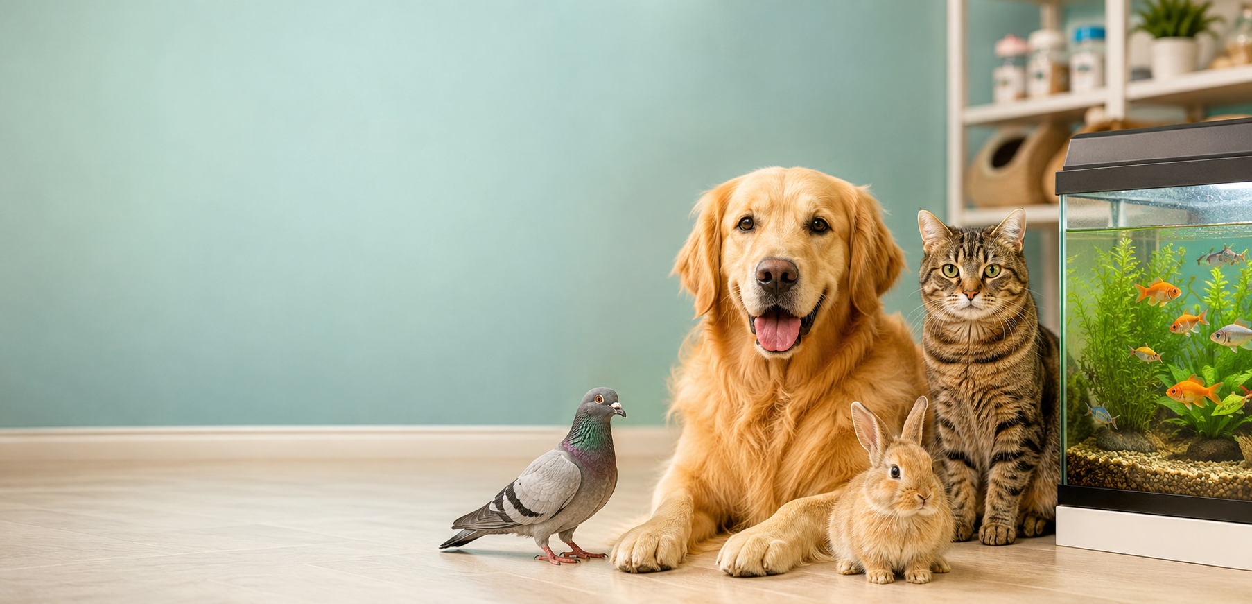 Real dog, cat, pigeon, rabbit and fish together in a pet shop